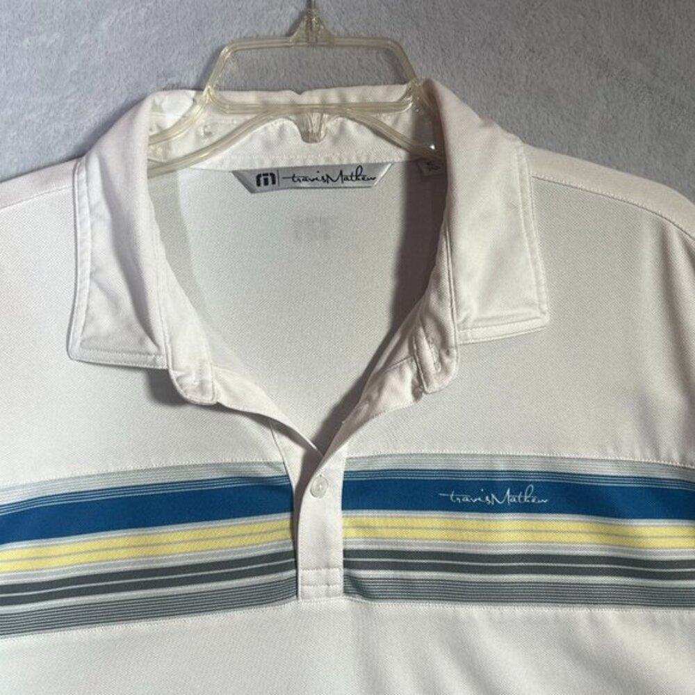 Travis Mathew Polo Mens XL White Shirt Short Sleeve Striped Golf Athletic *Read* - Picture 2 of 10